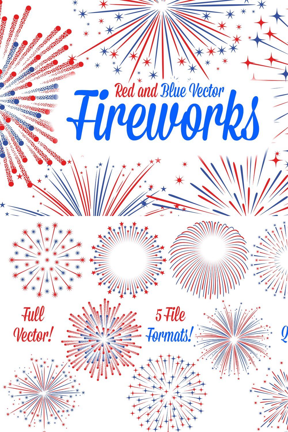 Vector Red and Blue Fireworks pinterest preview image.