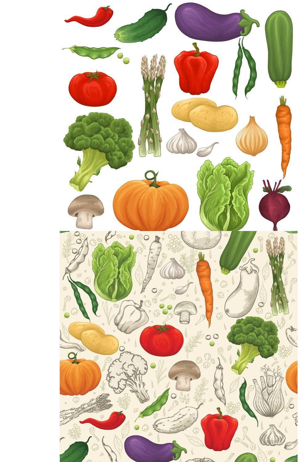 Vegetable set, patterns, backgrounds pinterest preview image.