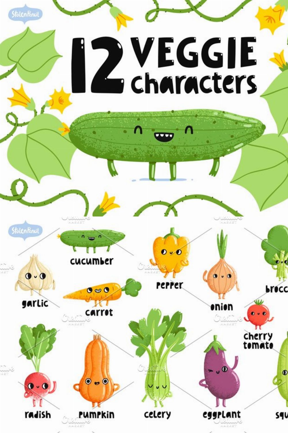 Veggie characters set pinterest preview image.