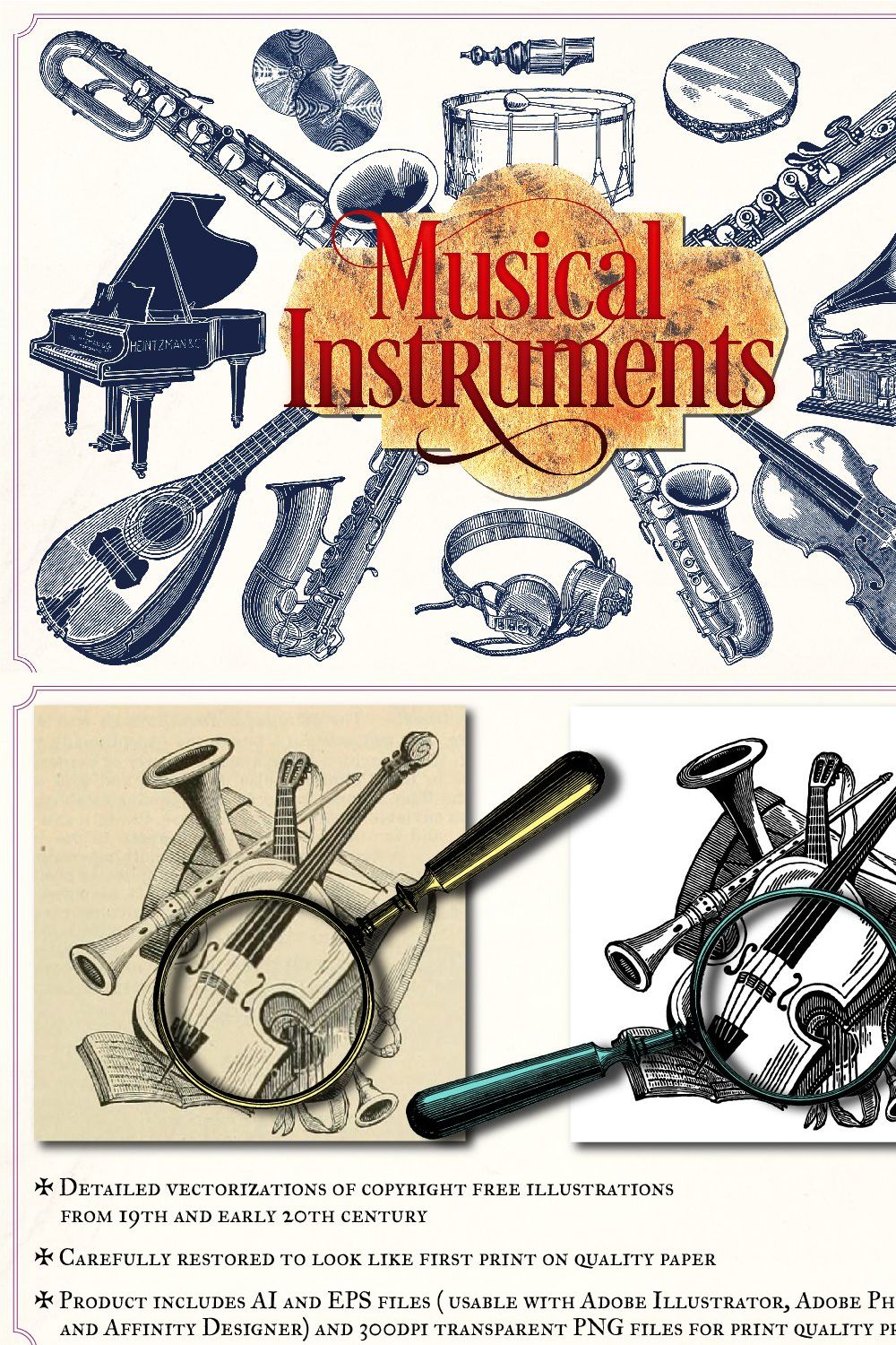 Vintage Musical Instruments pinterest preview image.