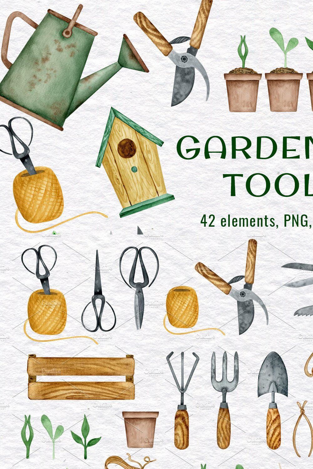 Vintage watercolor gardening tools pinterest preview image.