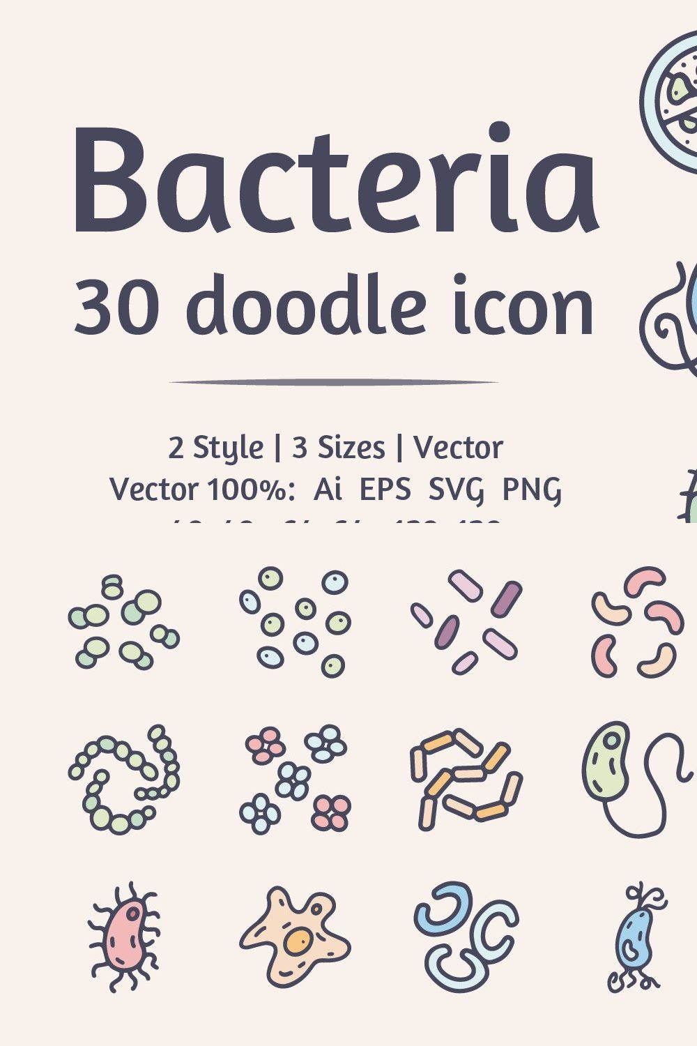 Viruses and bacteria doodle icon pinterest preview image.