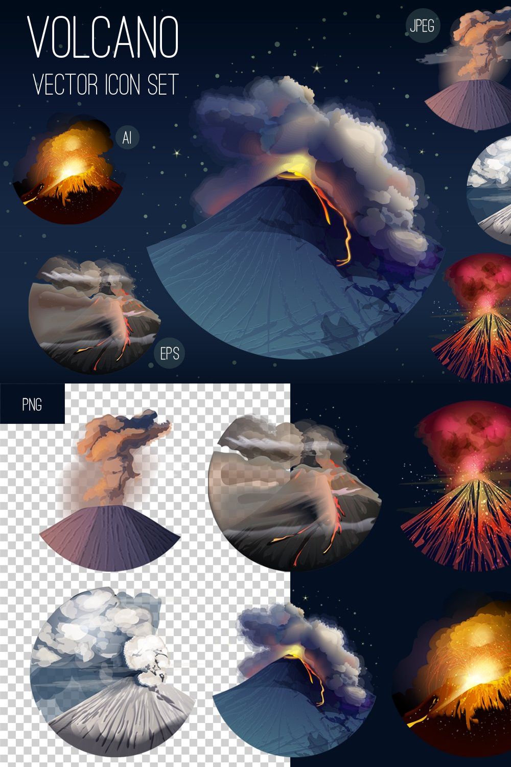 Volcano icon set. pinterest preview image.
