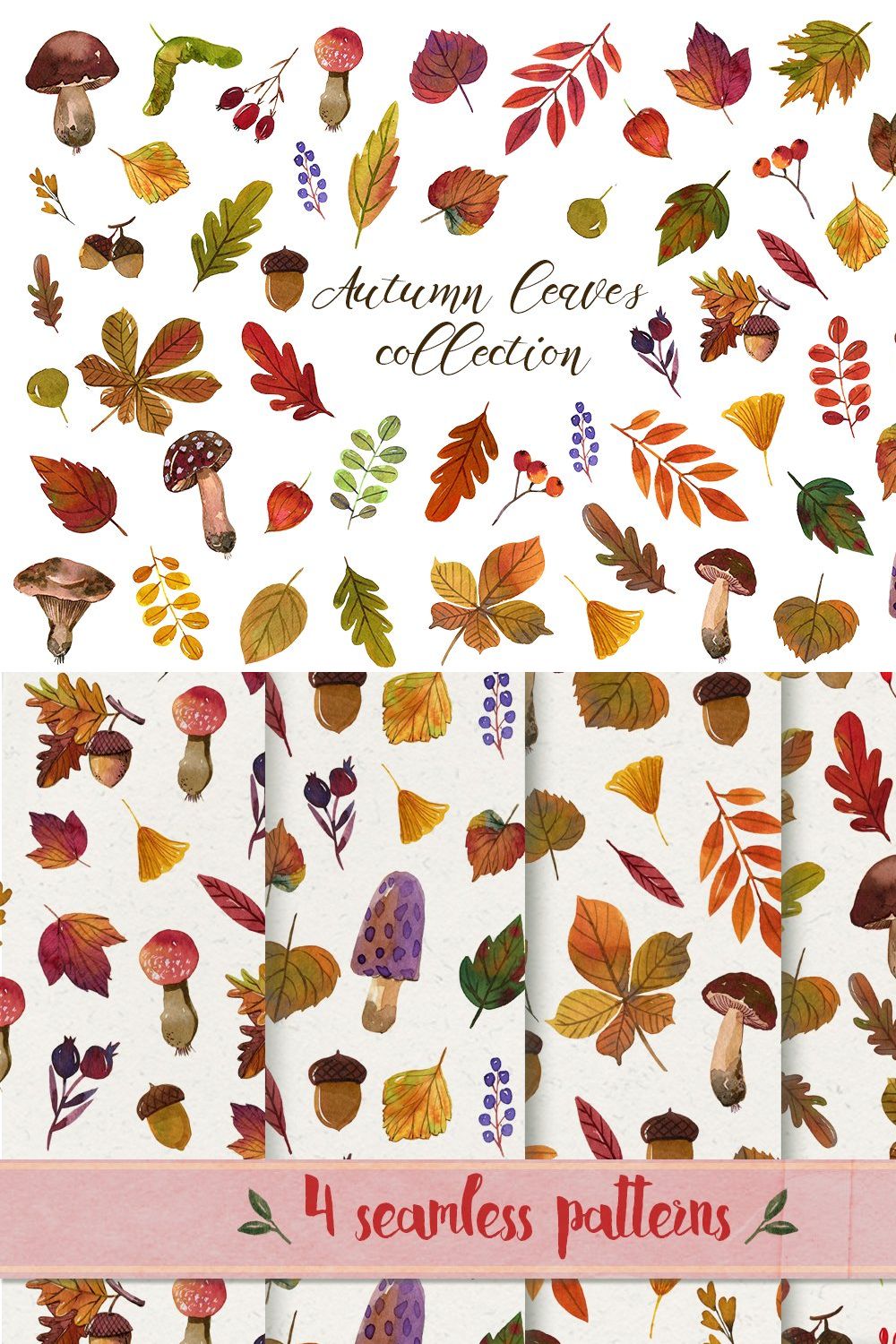 Watercolor autumn leaves collection. pinterest preview image.