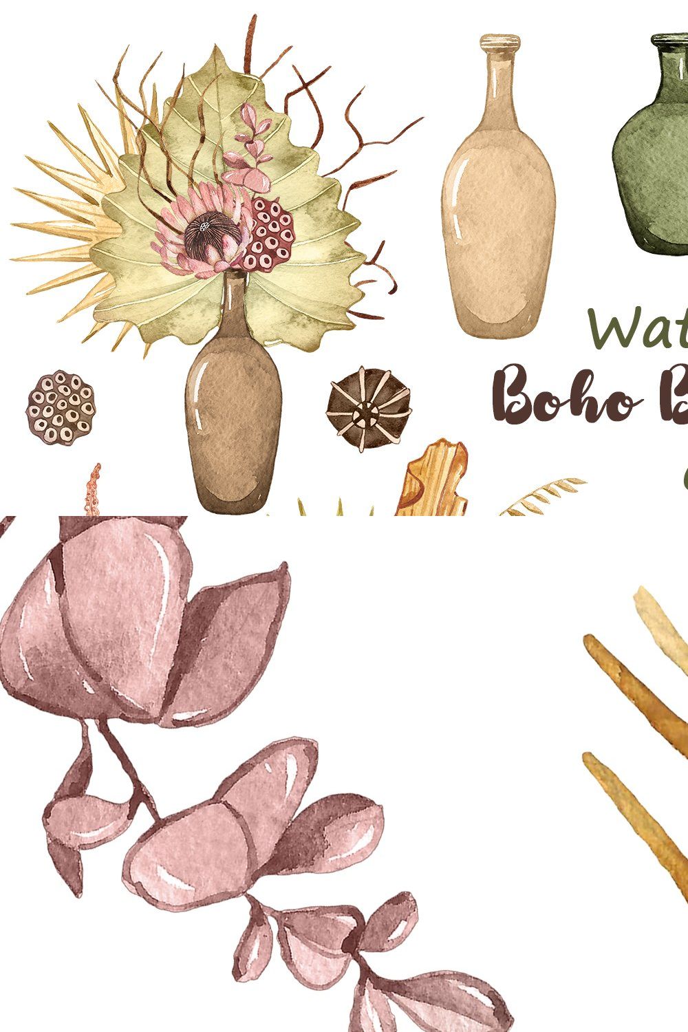 Watercolor Boho Bouquets in vase pinterest preview image.