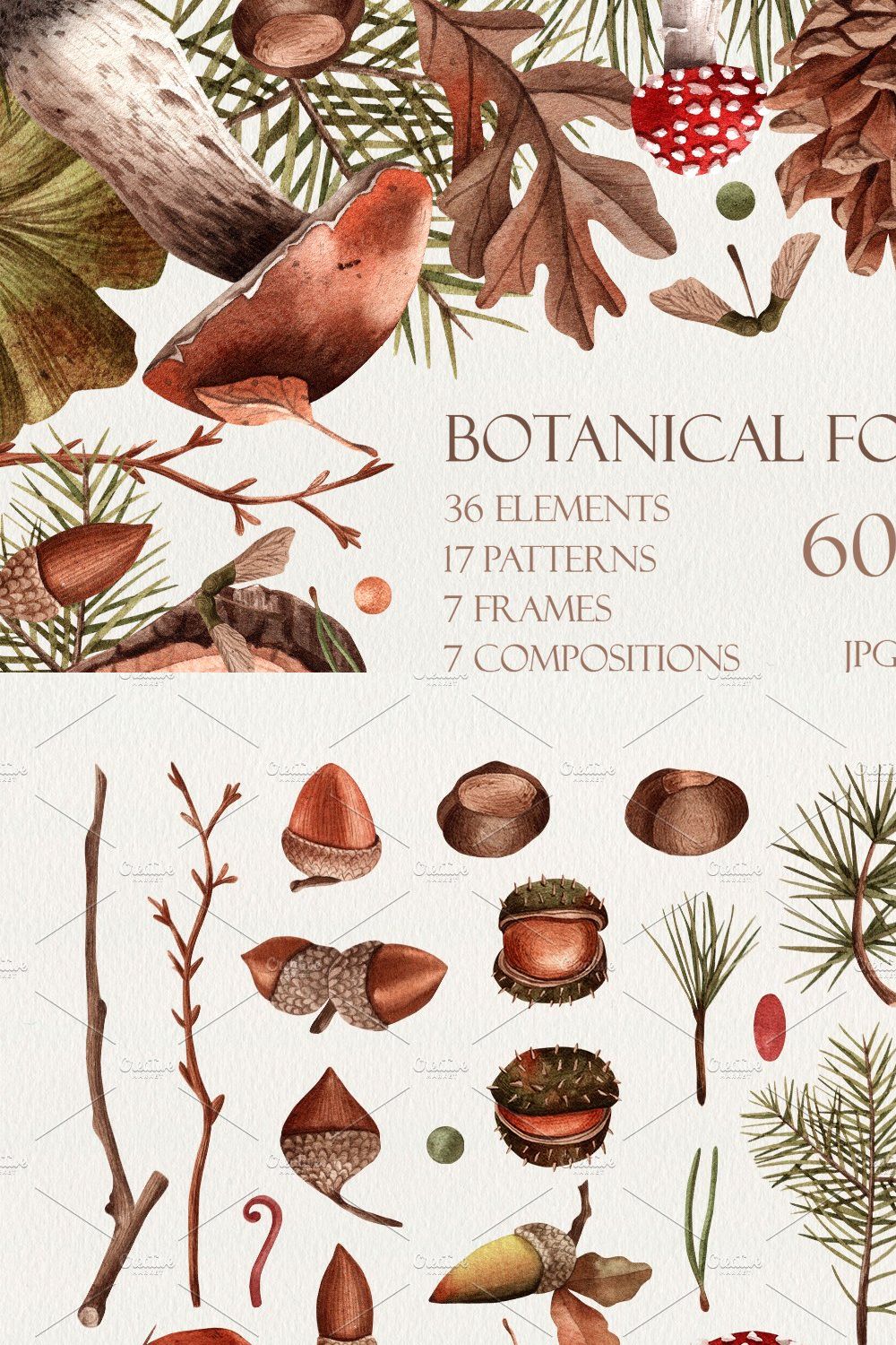 Watercolor botanical forest set pinterest preview image.