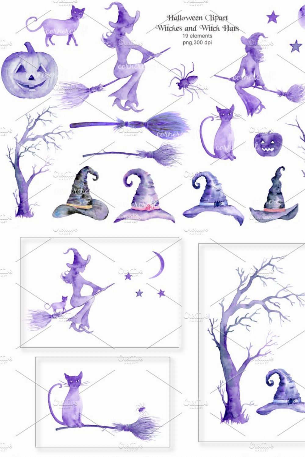 Watercolor Clipart Halloween Witch pinterest preview image.