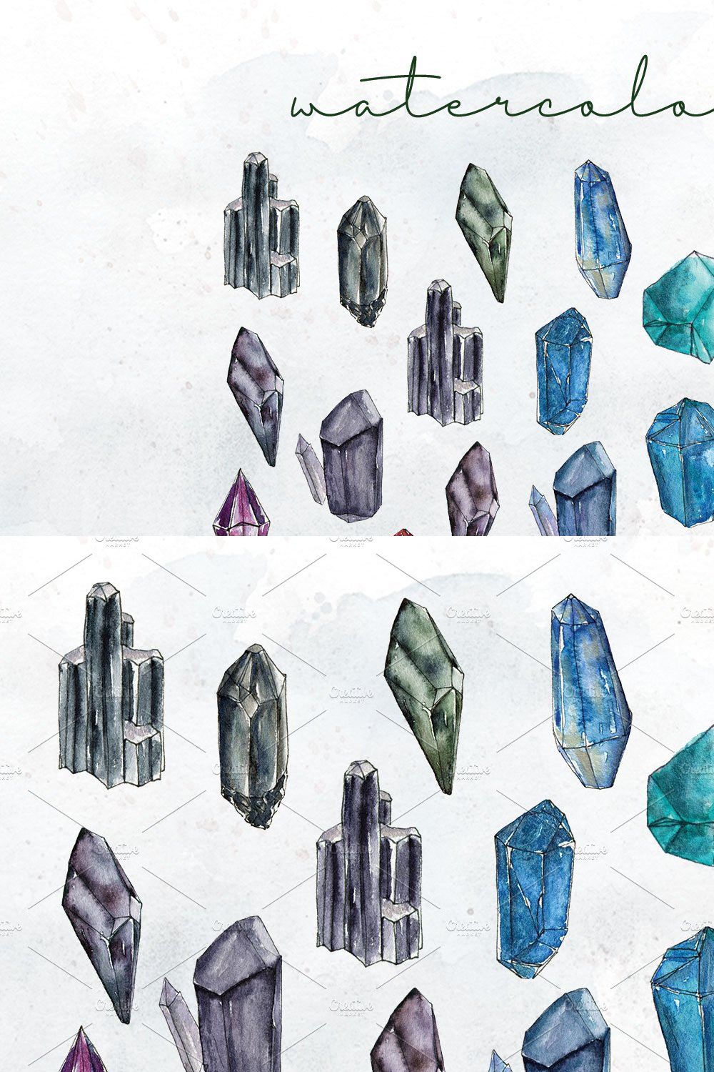 Watercolor Crystals Gems Set pinterest preview image.