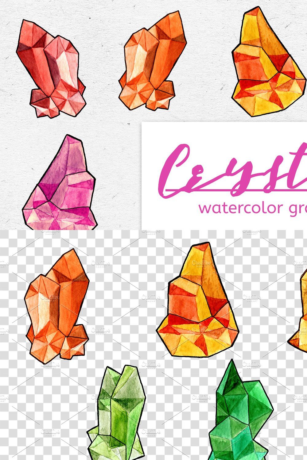Watercolor CRYSTALS Graphic Bundle pinterest preview image.
