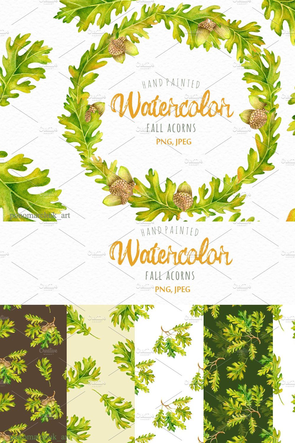 Watercolor Fall acorns collection pinterest preview image.