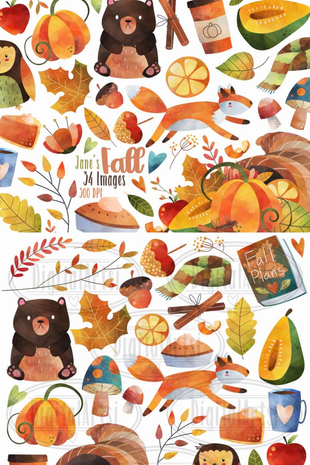 Watercolor Fall Clipart pinterest preview image.