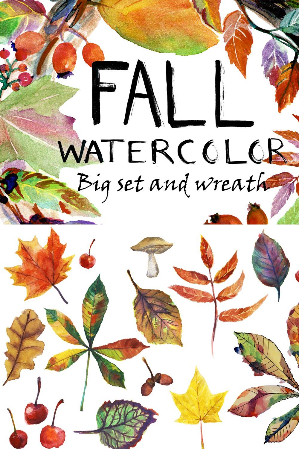 Watercolor fall leaves and wreath pinterest preview image.