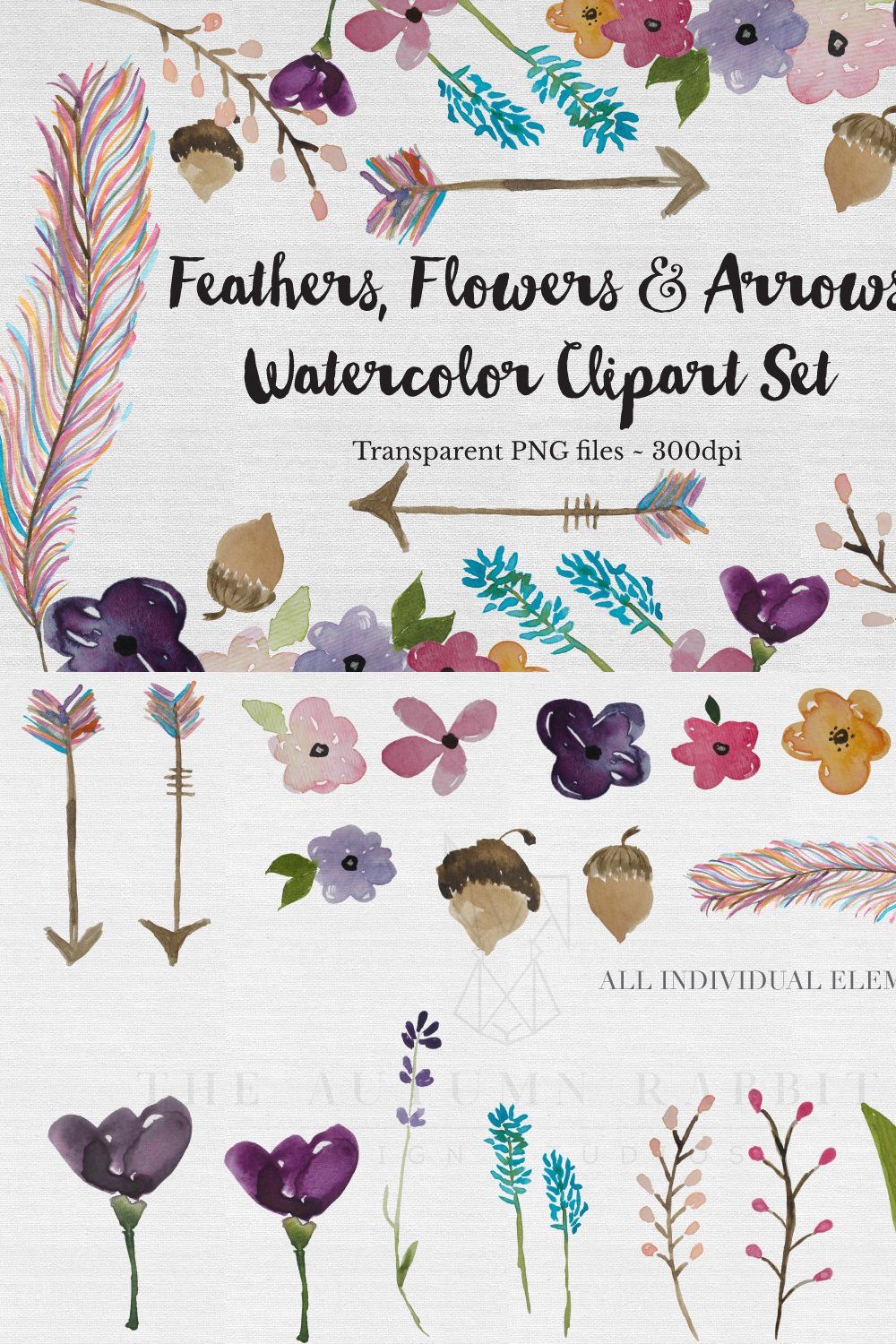 Watercolor Feather, Flowers & Arrows pinterest preview image.