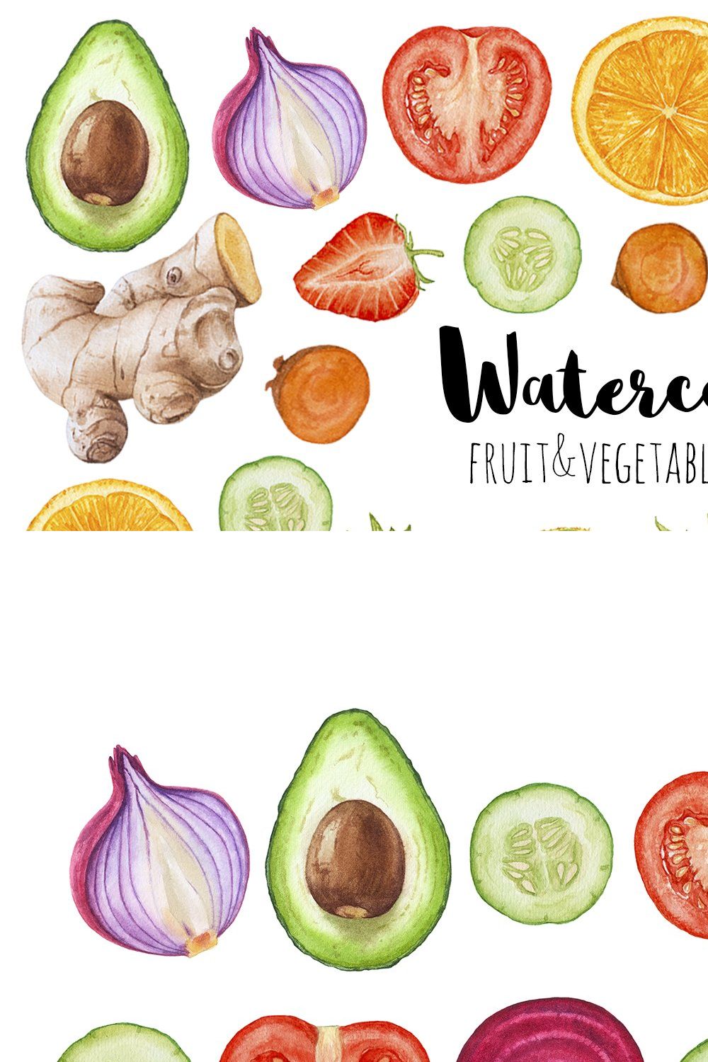 Watercolor fruit&vegetable slices pinterest preview image.