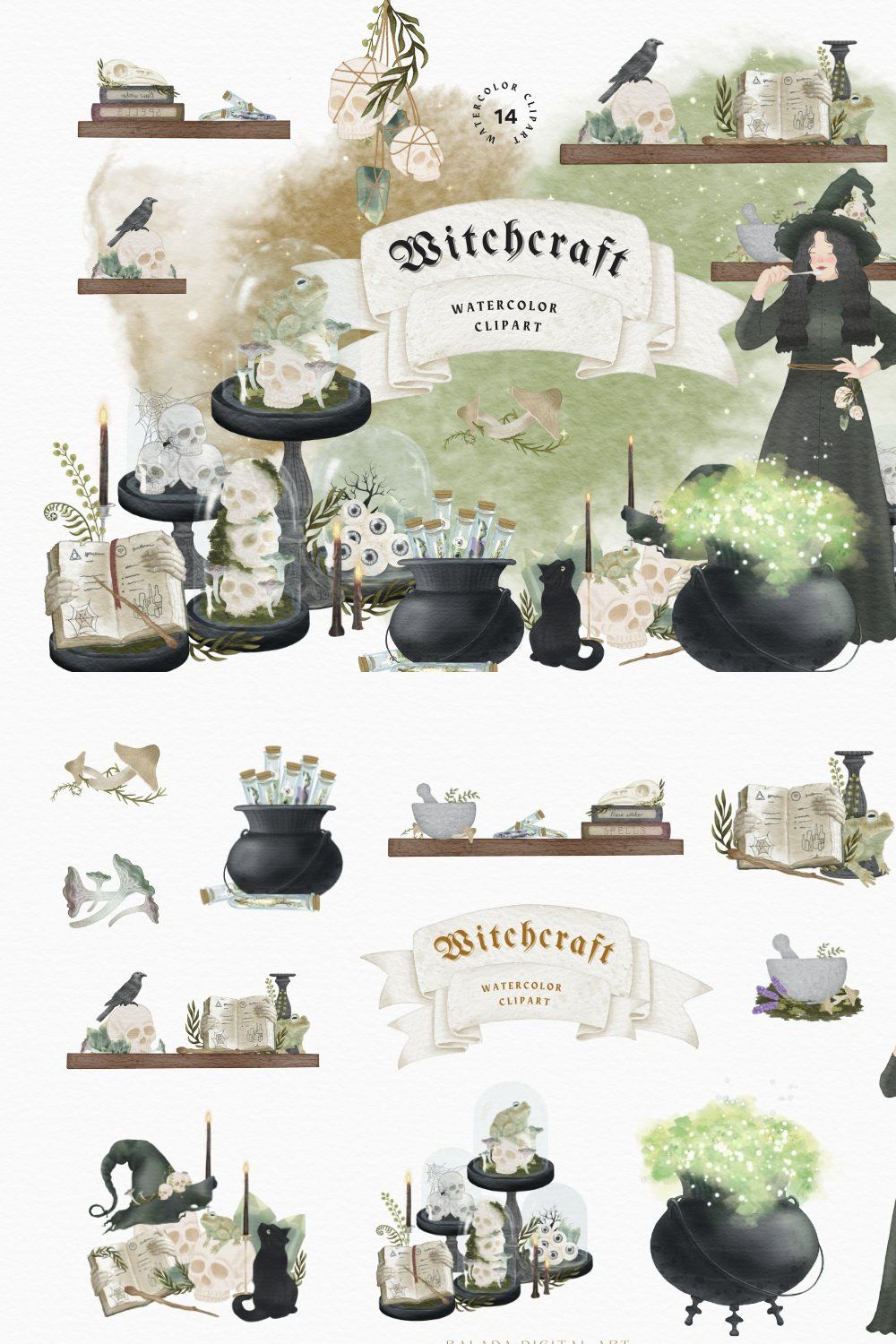 Watercolor Halloween Magic Witch Png pinterest preview image.