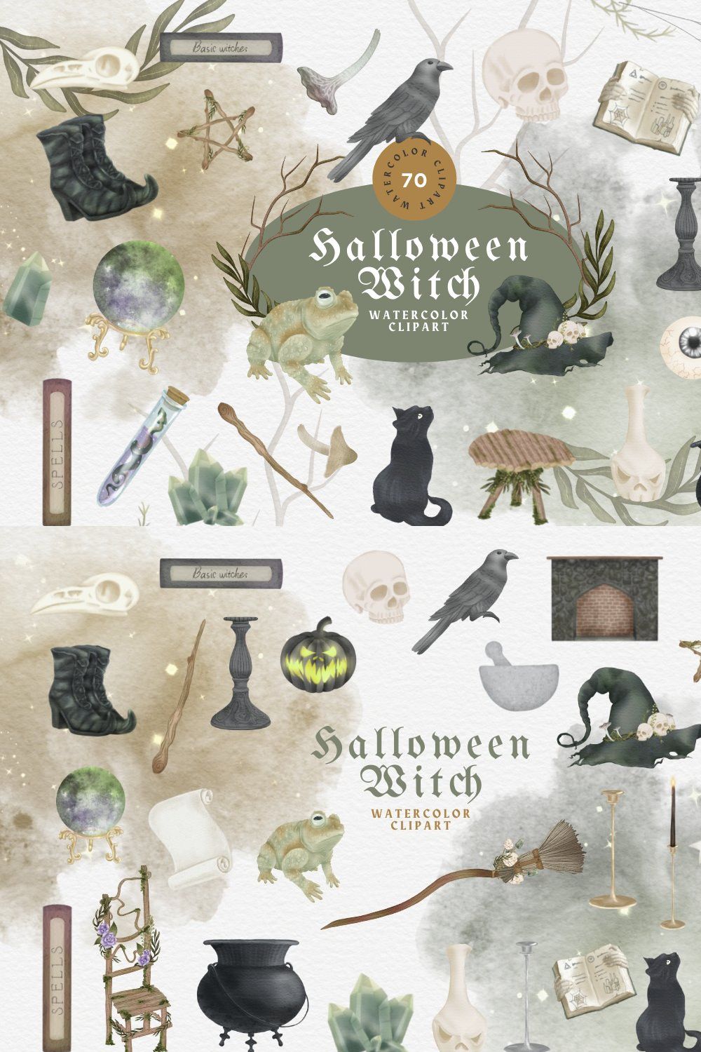 Watercolor Halloween Witch PNG pinterest preview image.