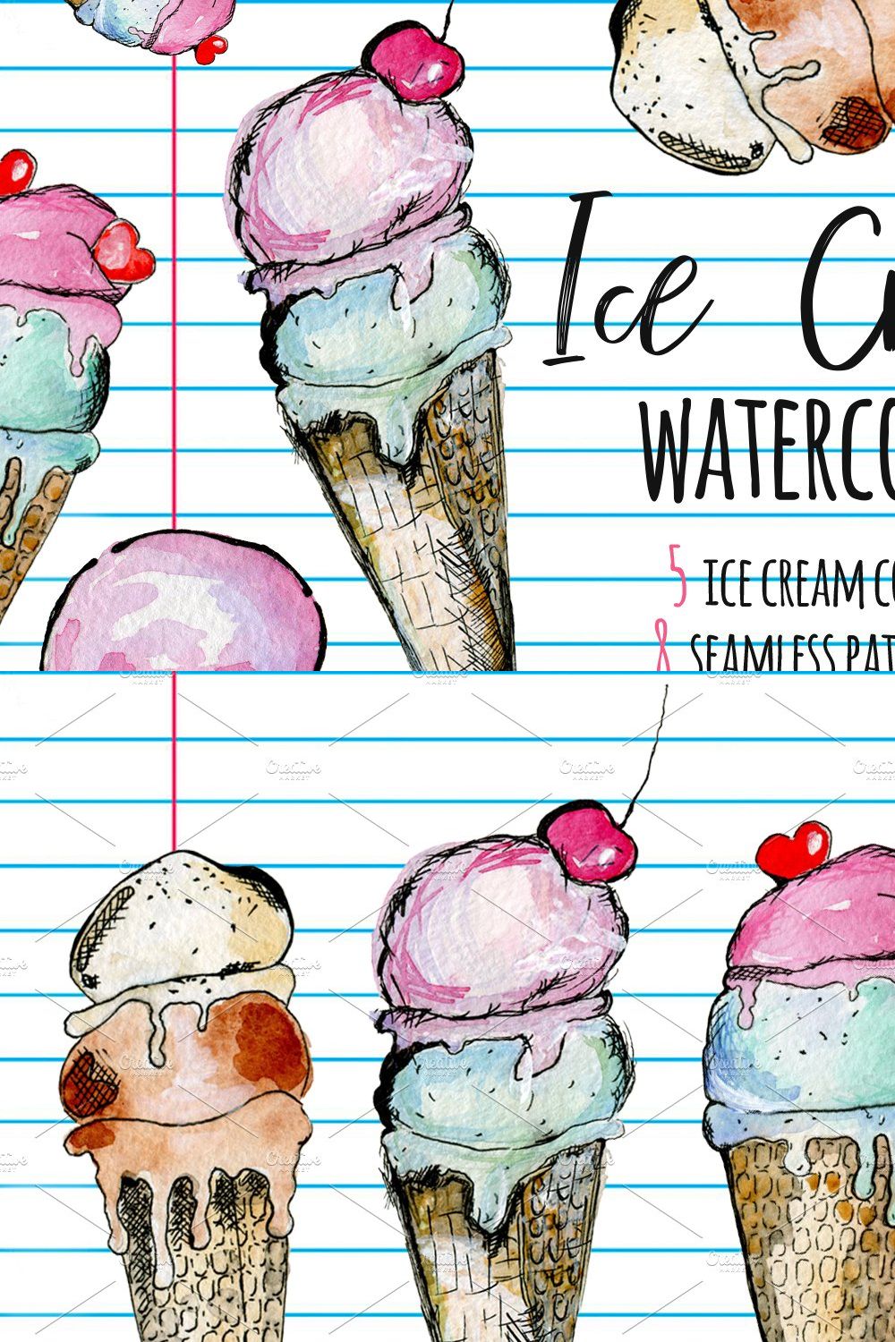 Watercolor ice cream cones pinterest preview image.