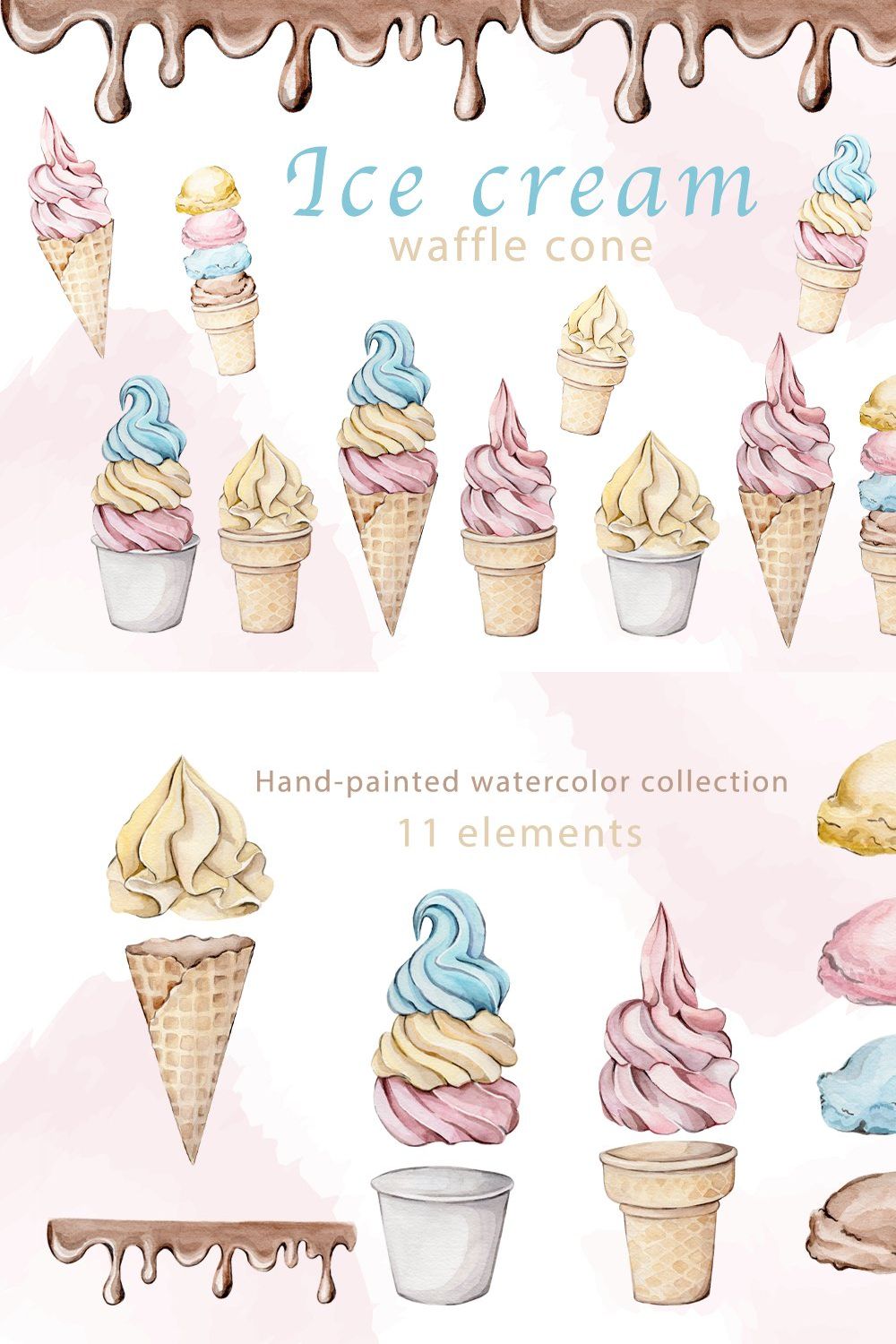 Watercolor ice cream waffle cone pinterest preview image.