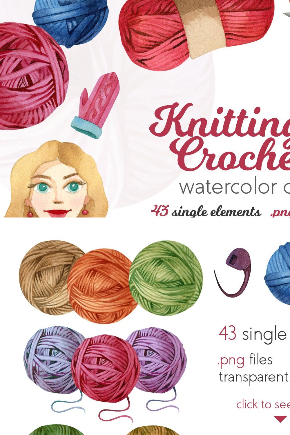 Watercolor Knitting and Crocheting pinterest preview image.