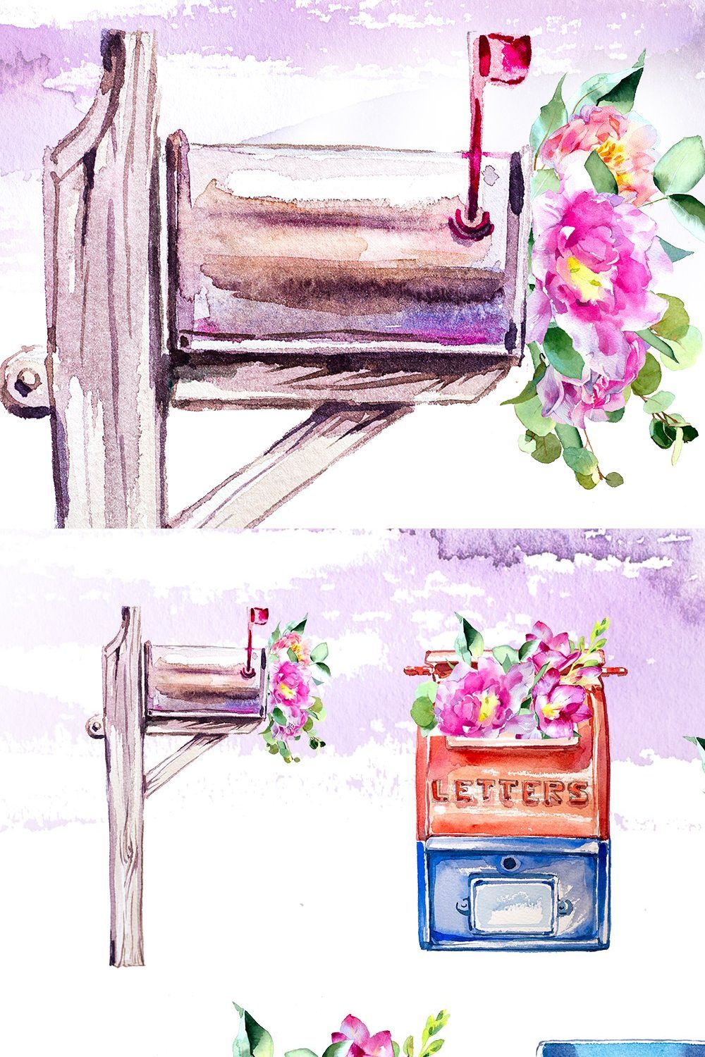 Watercolor Mailbox Clipart Set pinterest preview image.