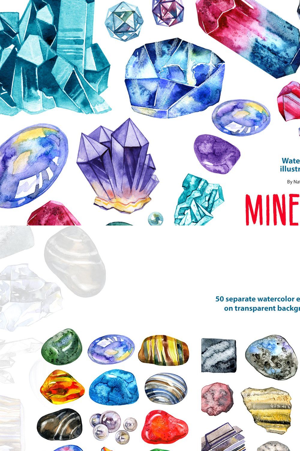 Watercolor minerals and gems pinterest preview image.