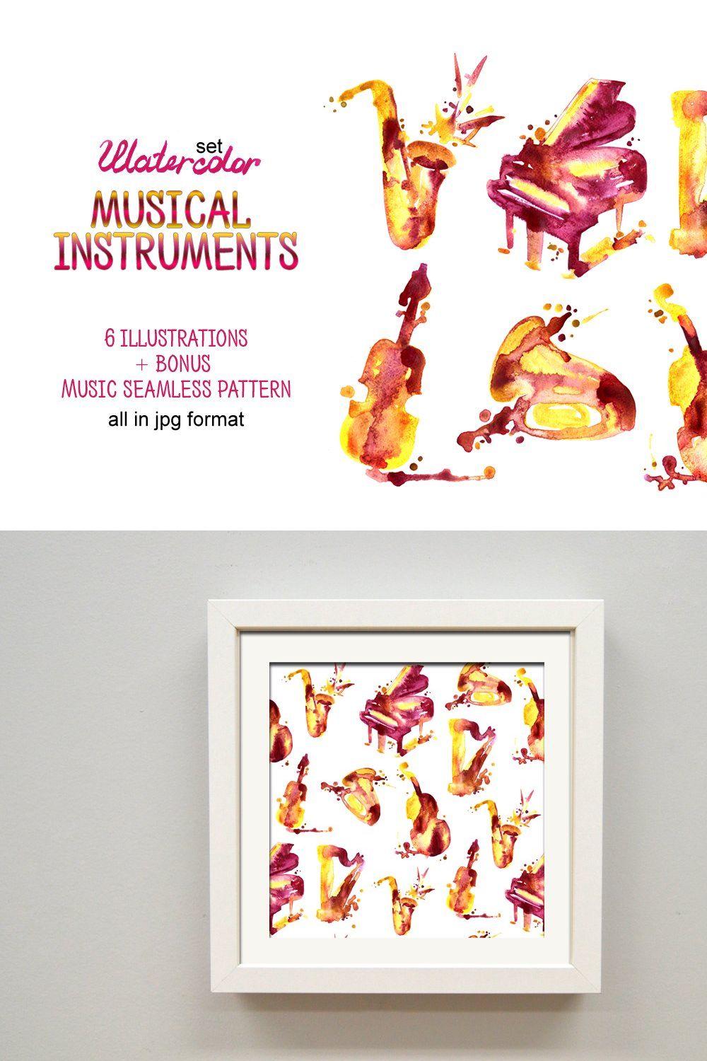 Watercolor musical instruments pinterest preview image.