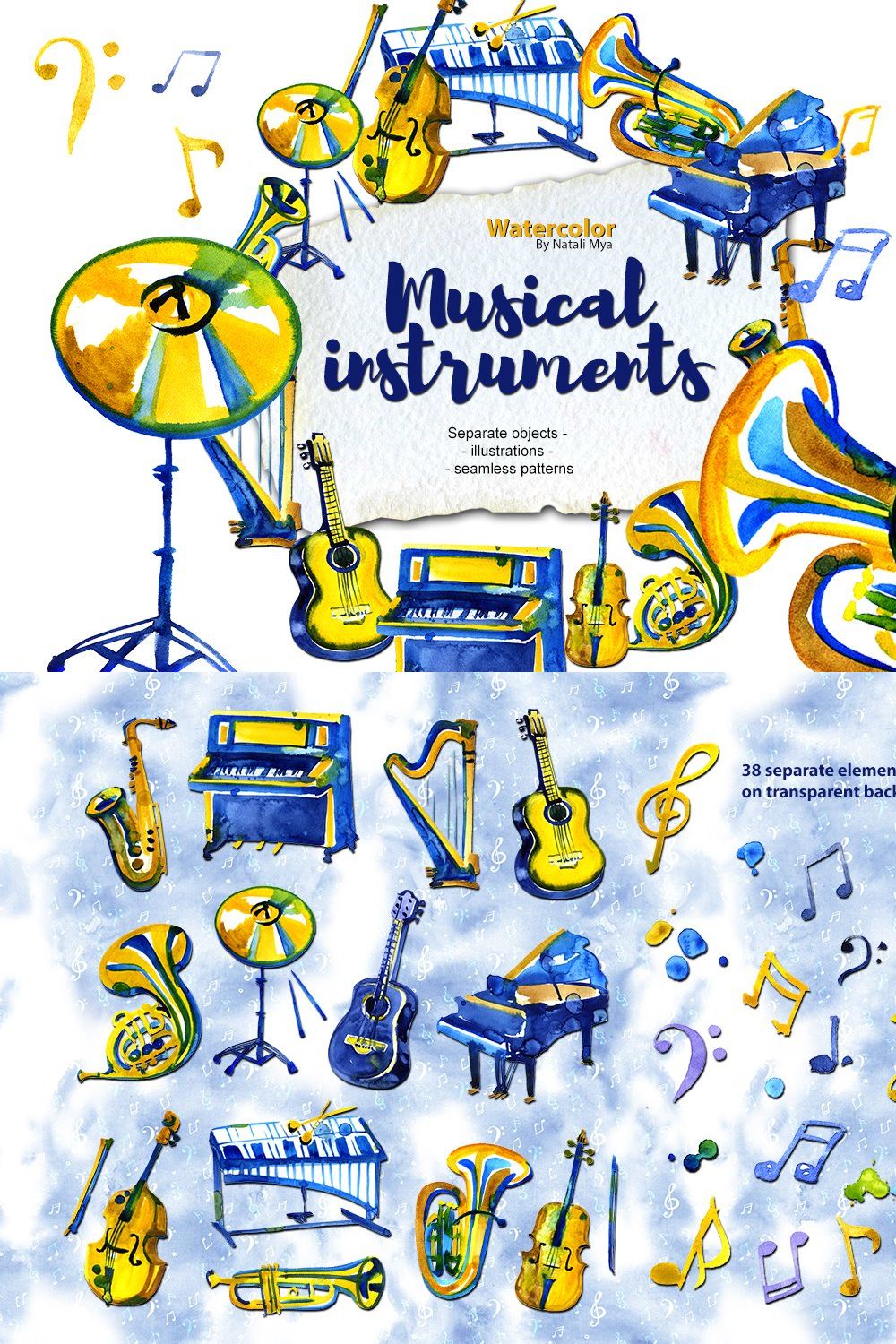 Watercolor musical instruments set pinterest preview image.
