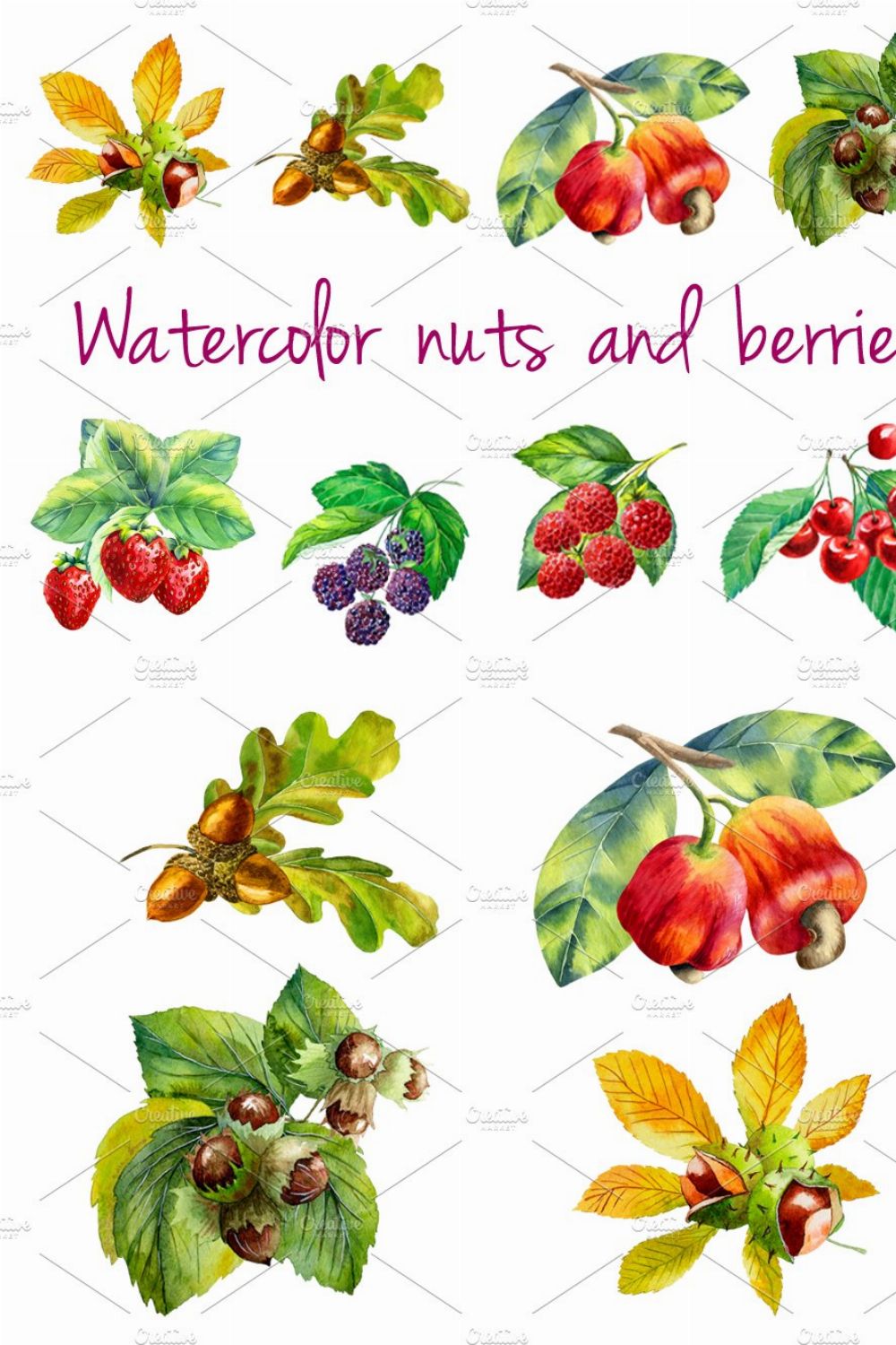Watercolor nuts and berries pinterest preview image.