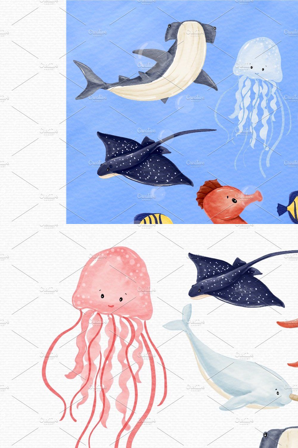 Watercolor Ocean & Sea Animals pinterest preview image.