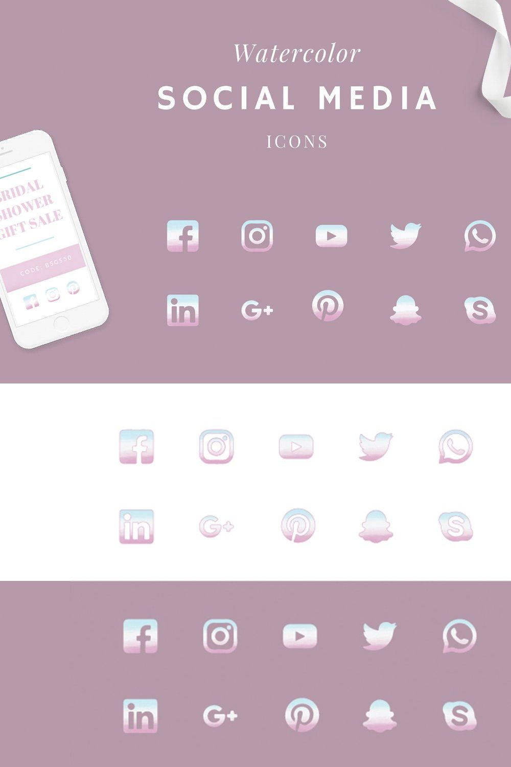 Watercolor Ombre Social Media Icons pinterest preview image.