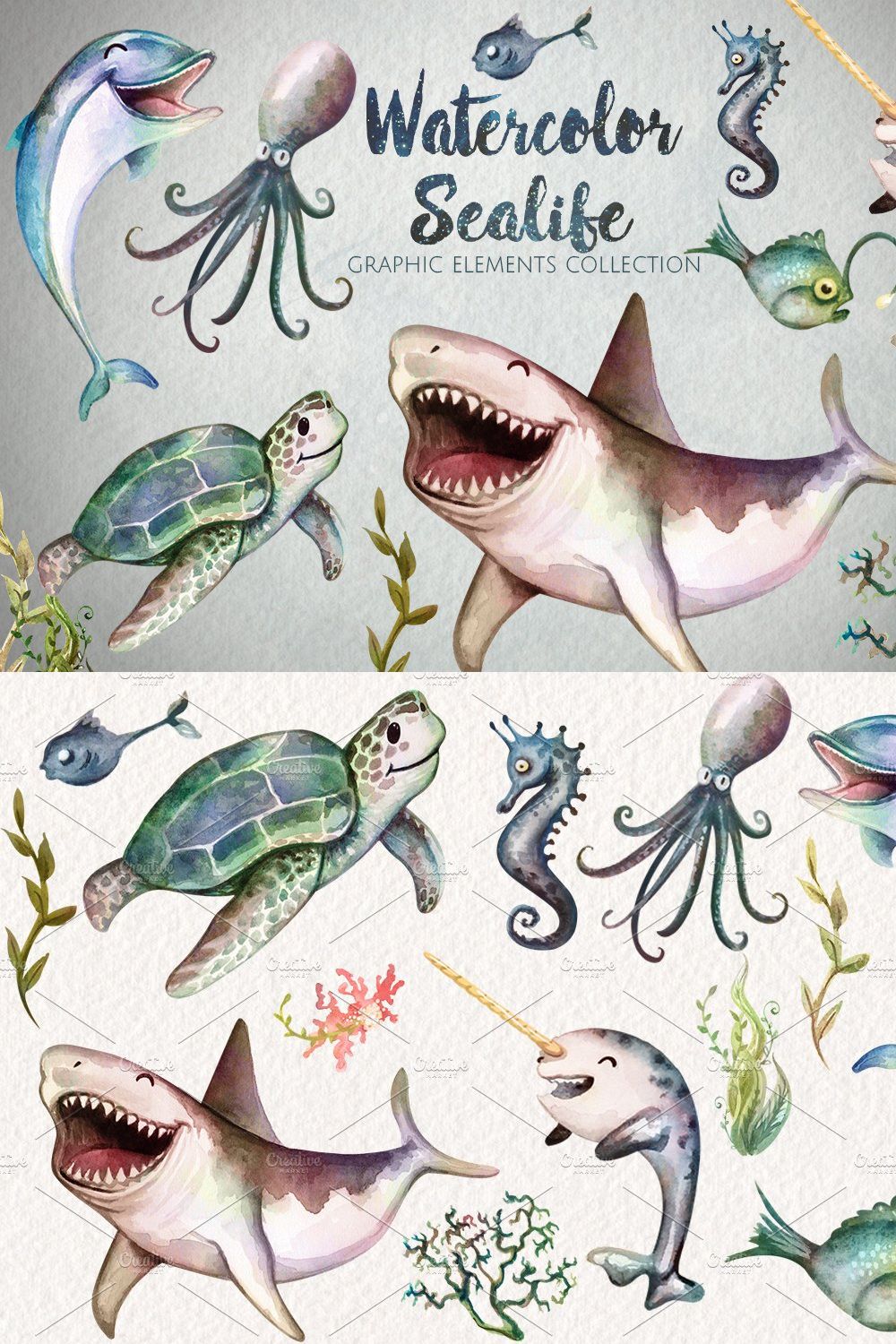 Watercolor Sea Life Graphics pinterest preview image.