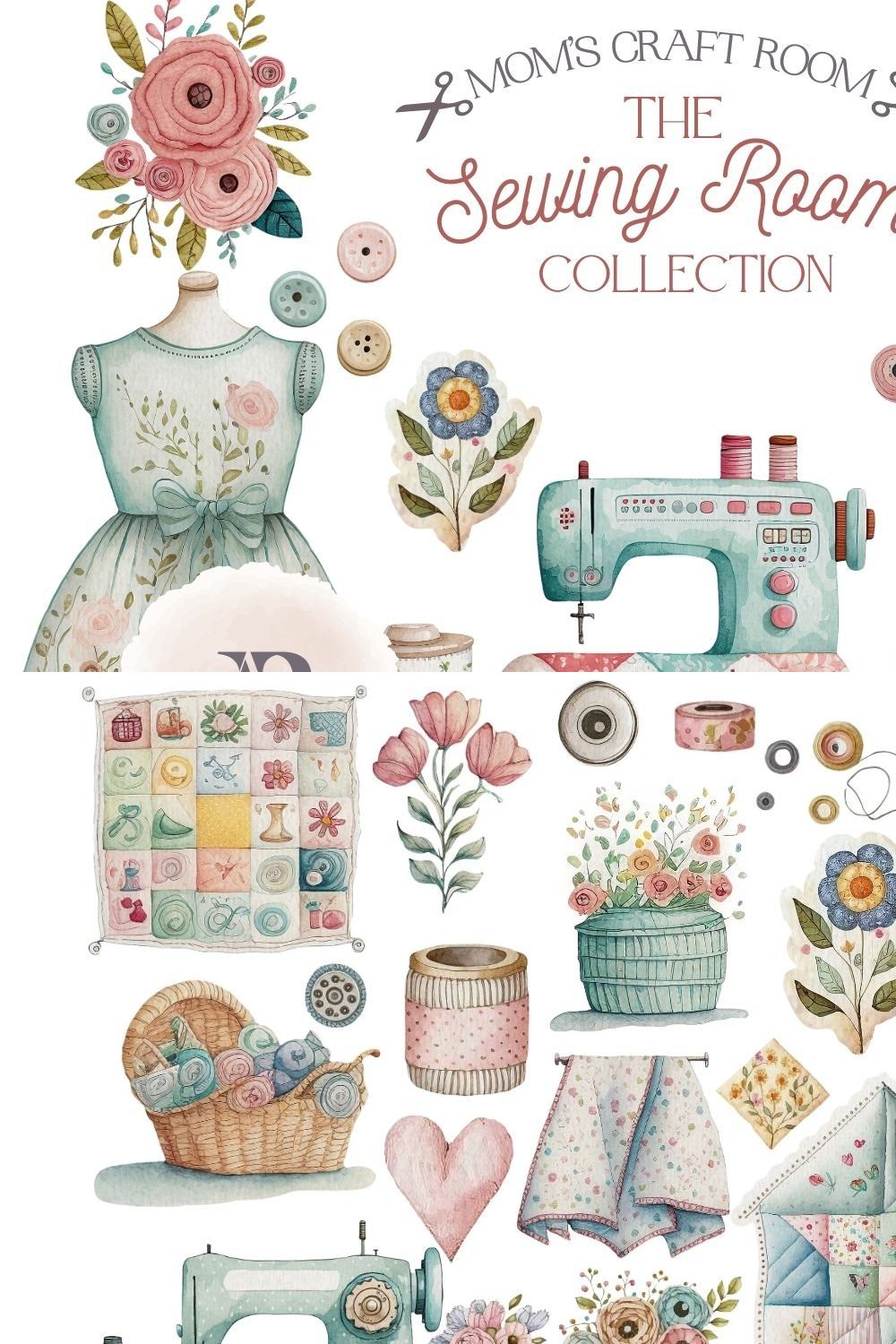 Watercolor Sewing Clipart pinterest preview image.