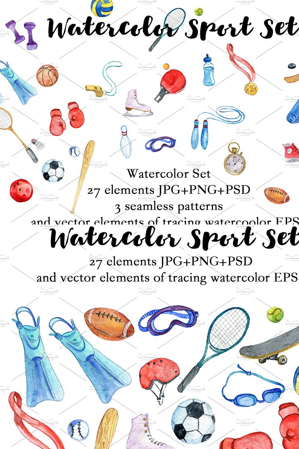 Watercolor sport set pinterest preview image.