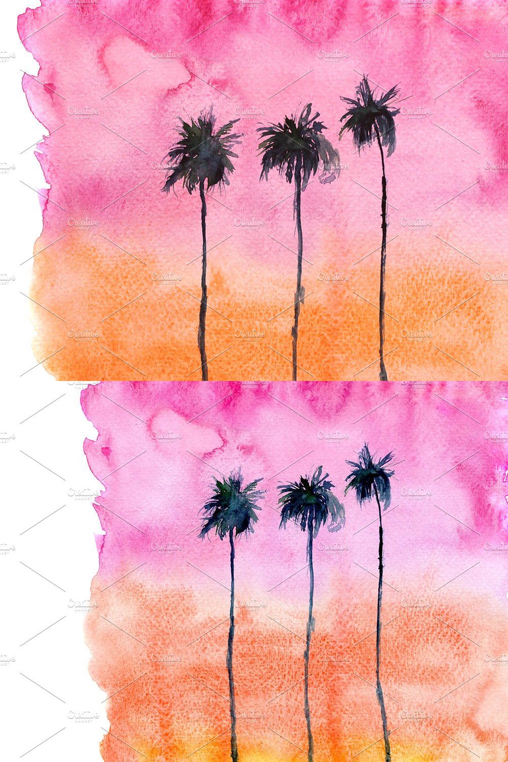 Watercolor sunset with palms pinterest preview image.