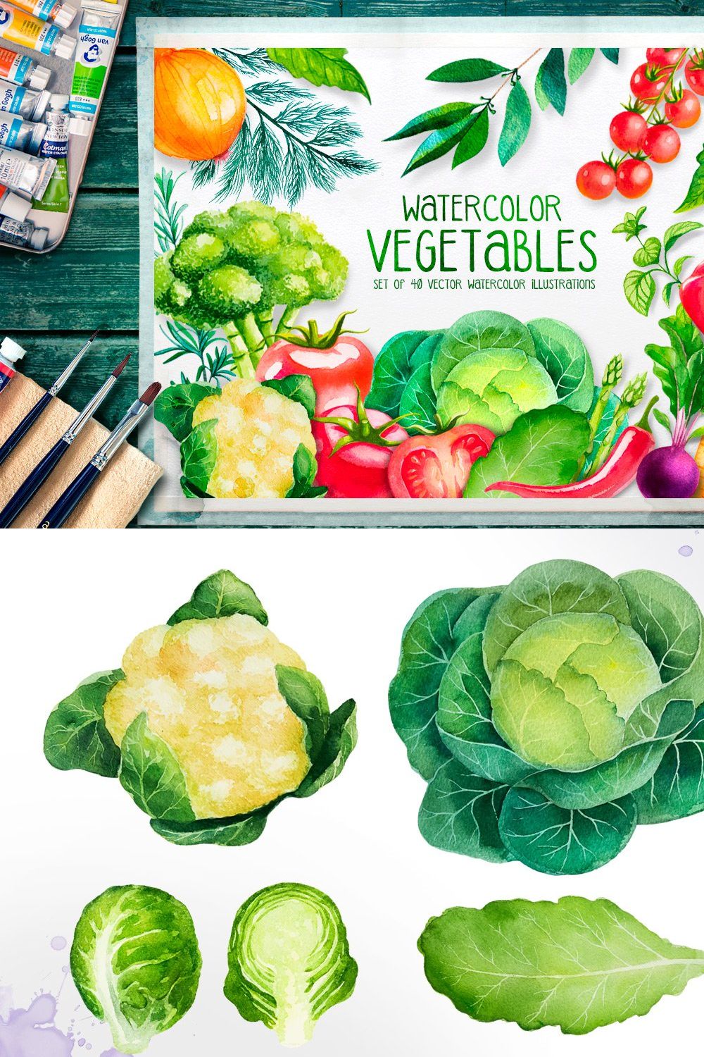 Watercolor vegetables pinterest preview image.