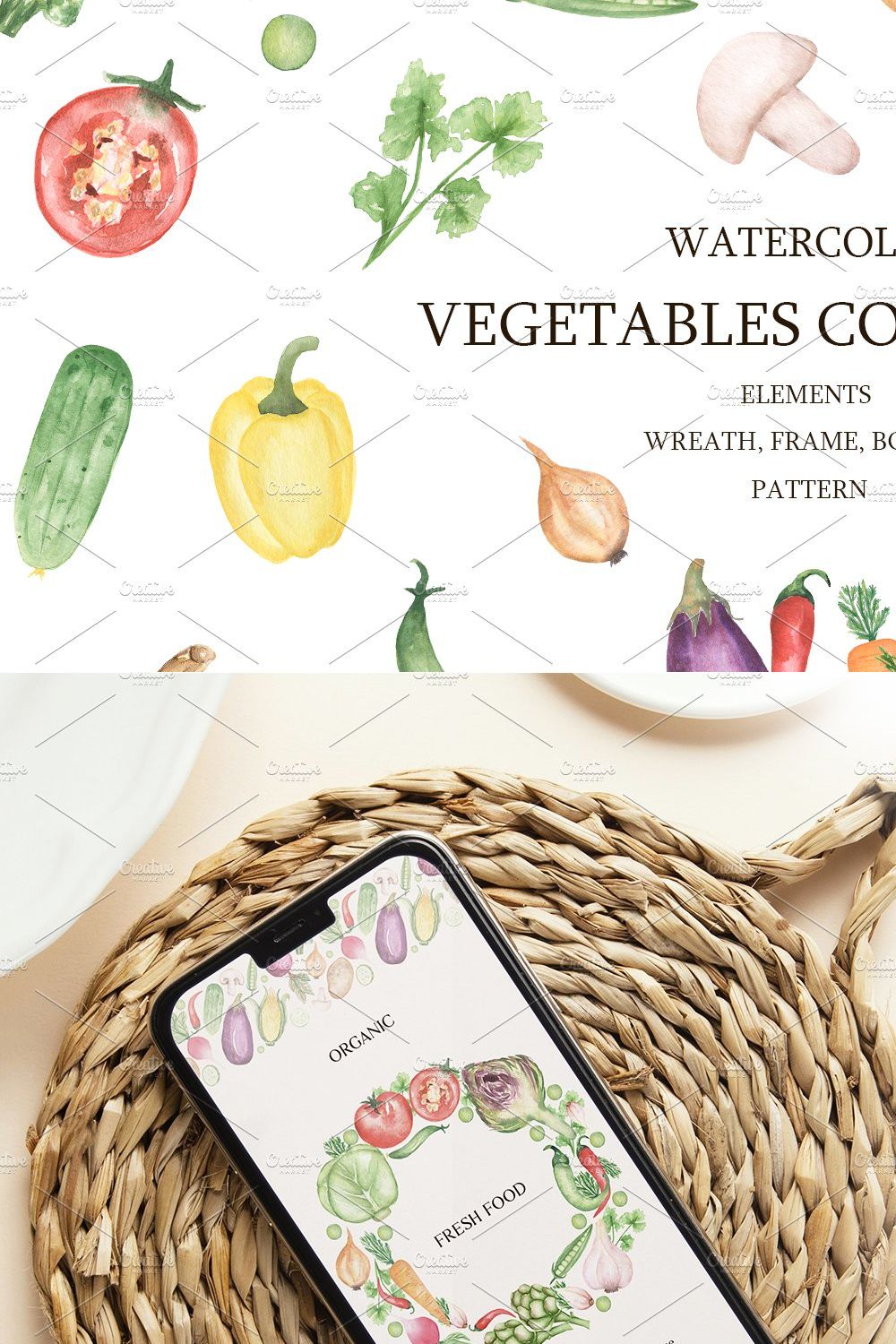 Watercolor Vegetables Collection pinterest preview image.