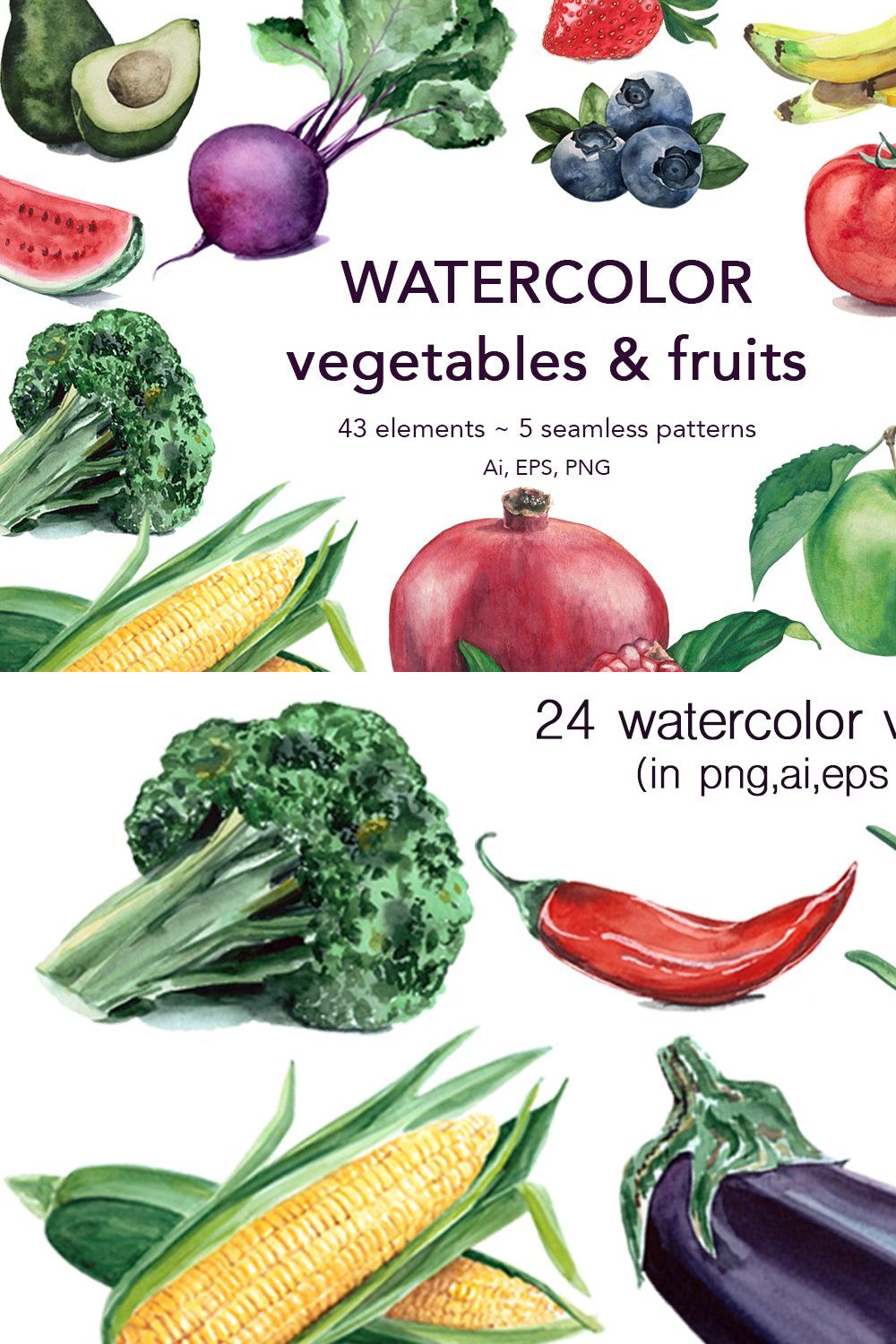 Watercolor vegetables & fruits pinterest preview image.