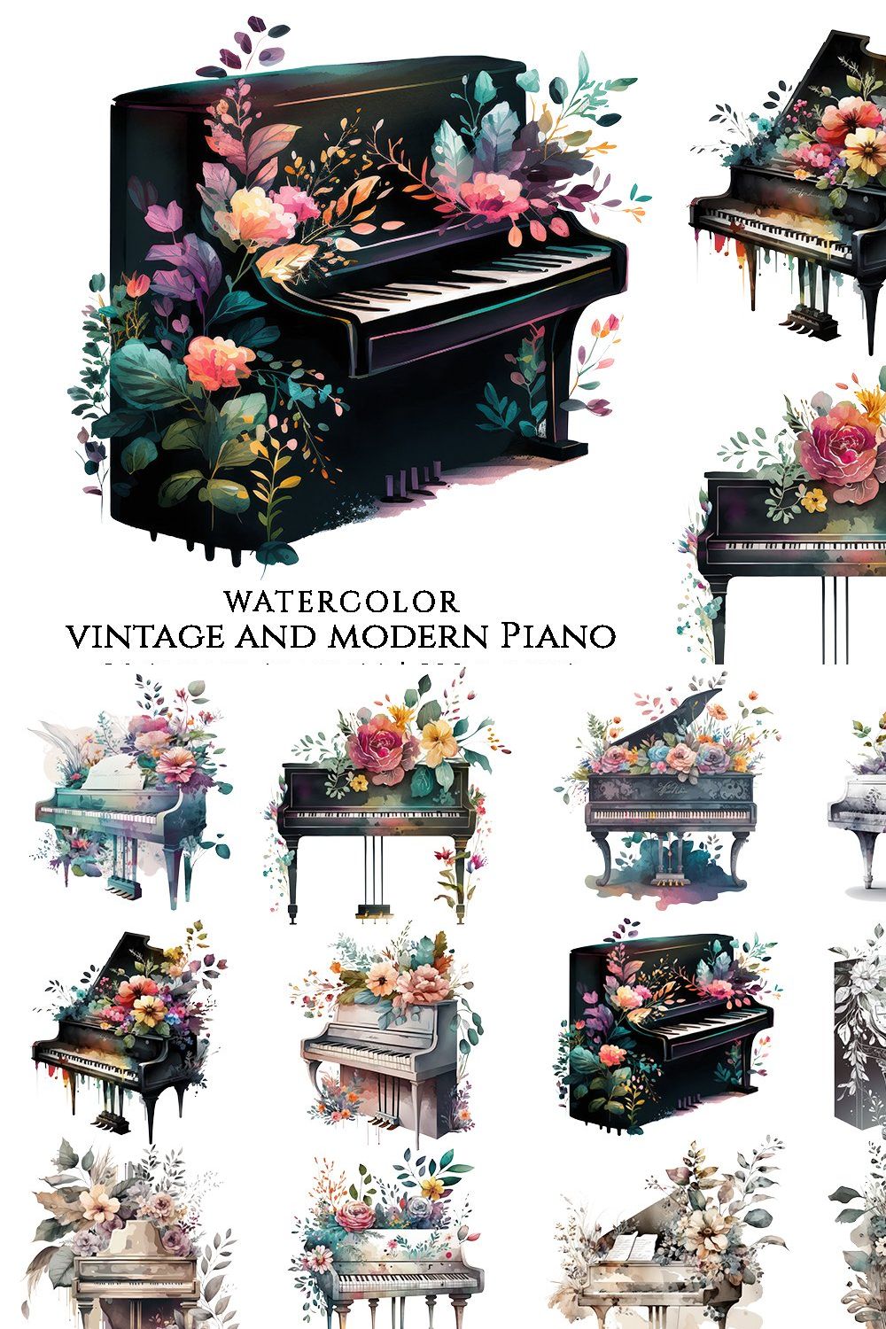 Watercolor Vintage Piano Clipart pinterest preview image.