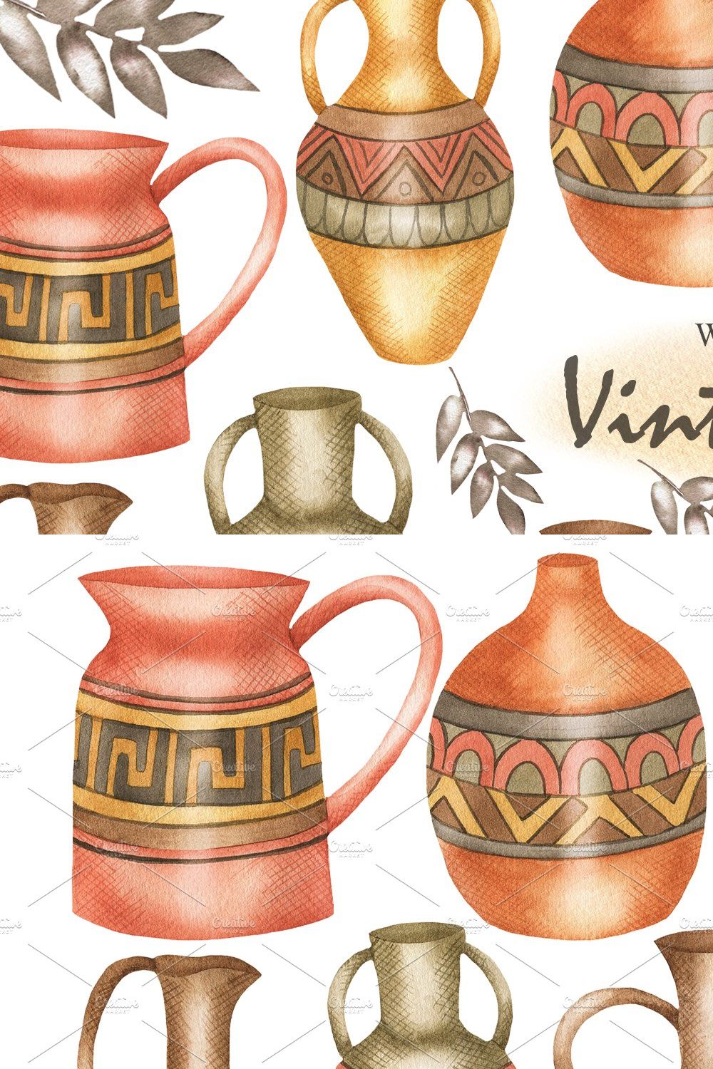 Watercolor Vintage Pots, Vases pinterest preview image.