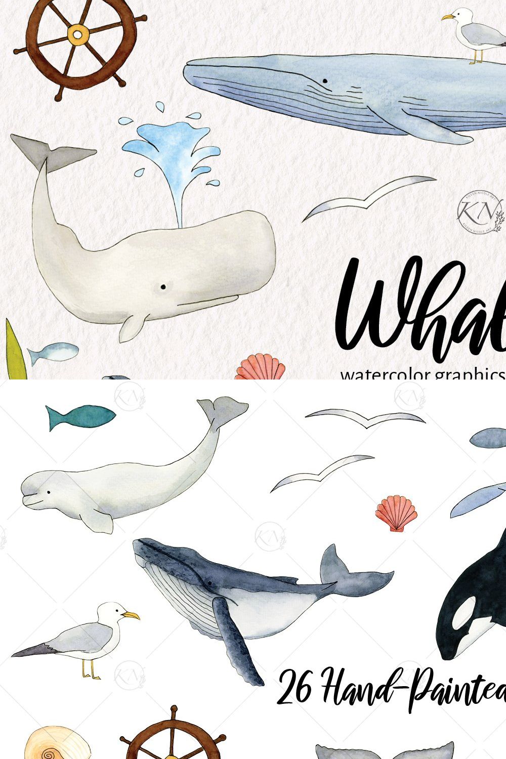 Watercolor Whales Graphics pinterest preview image.