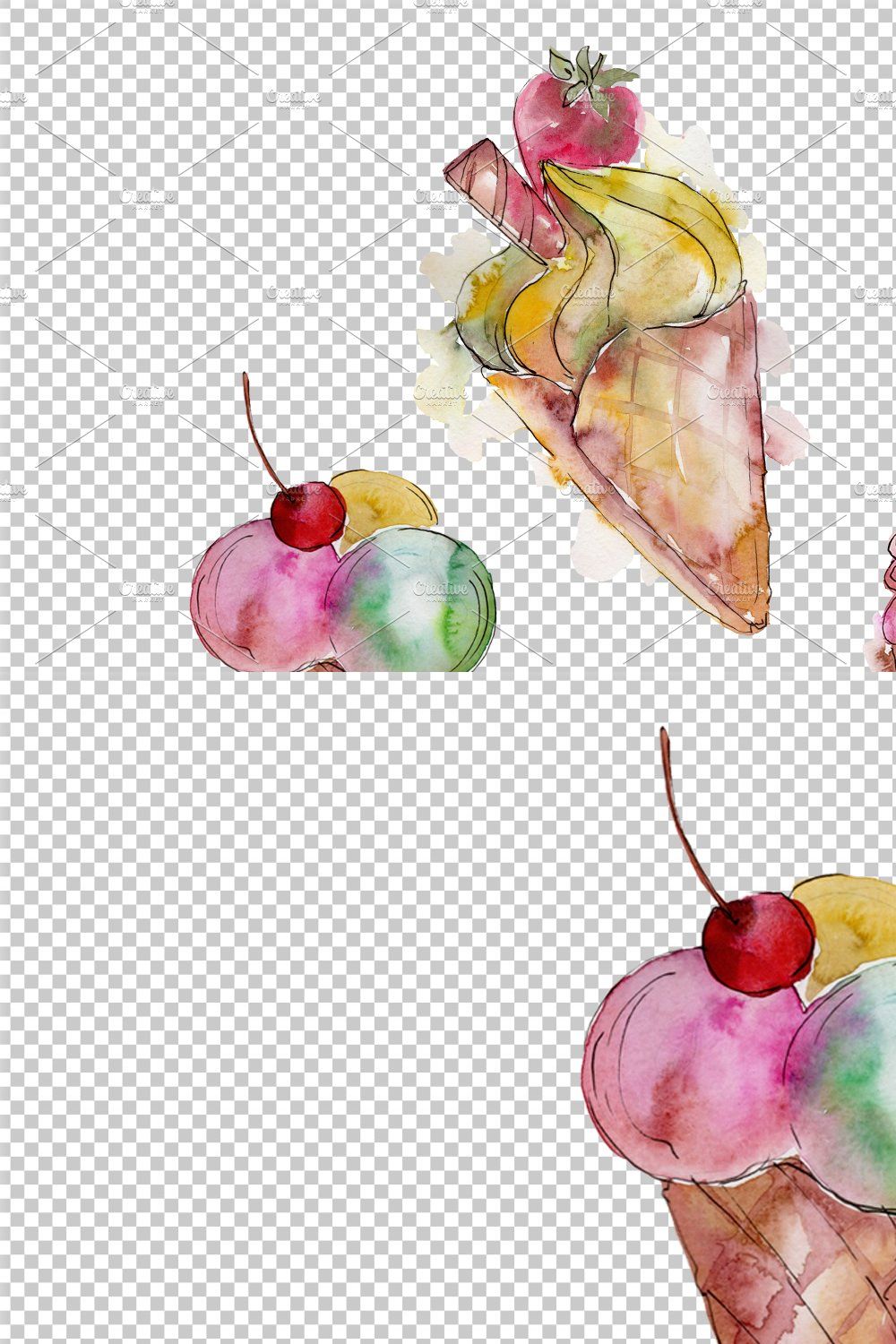 Watercolor yummy-yummy ice cream PNG pinterest preview image.