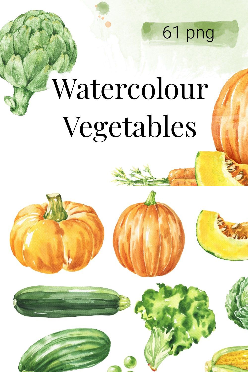 Watercolour Vegetables pinterest preview image.