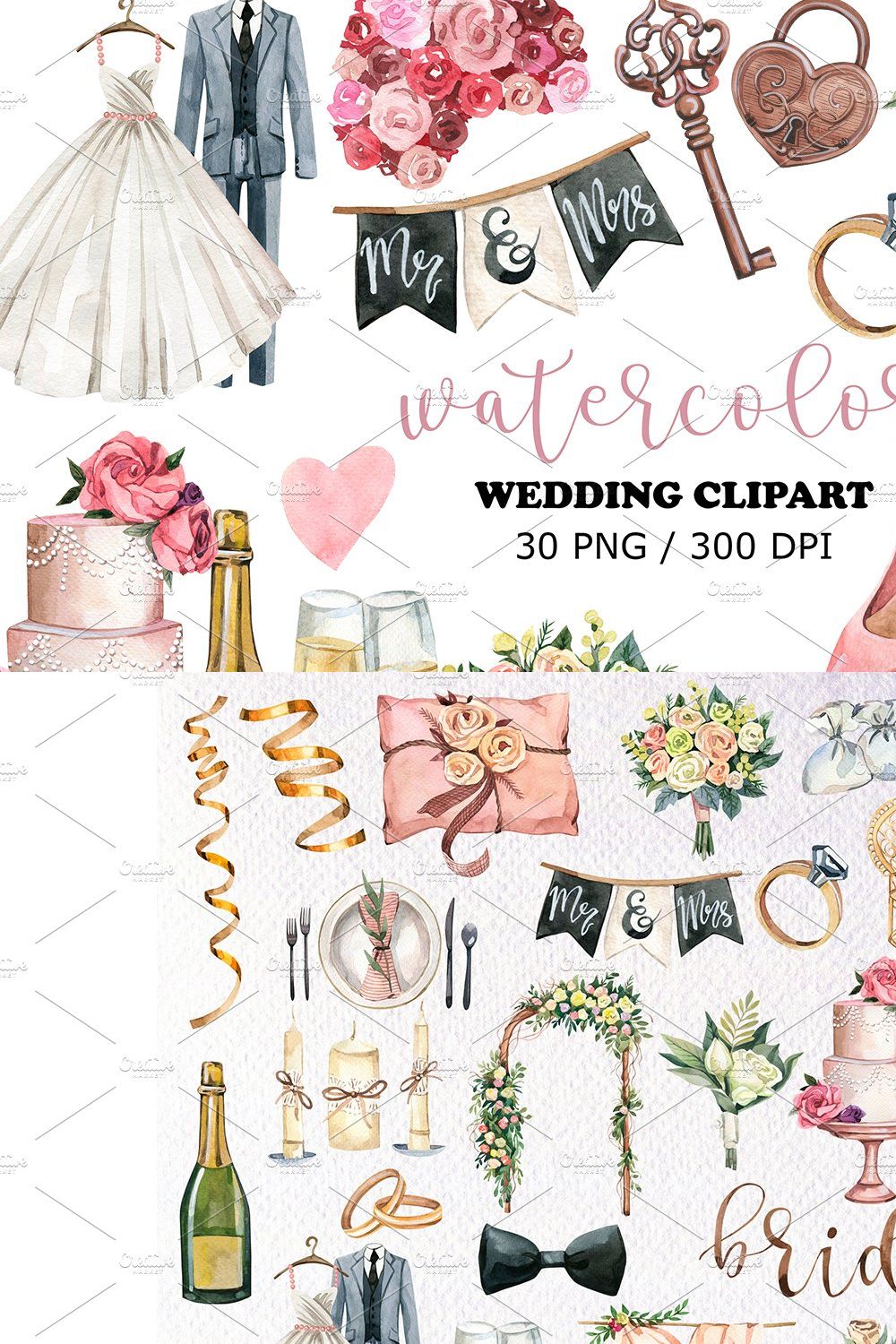 Wedding Watercolor Clipart, PNG pinterest preview image.