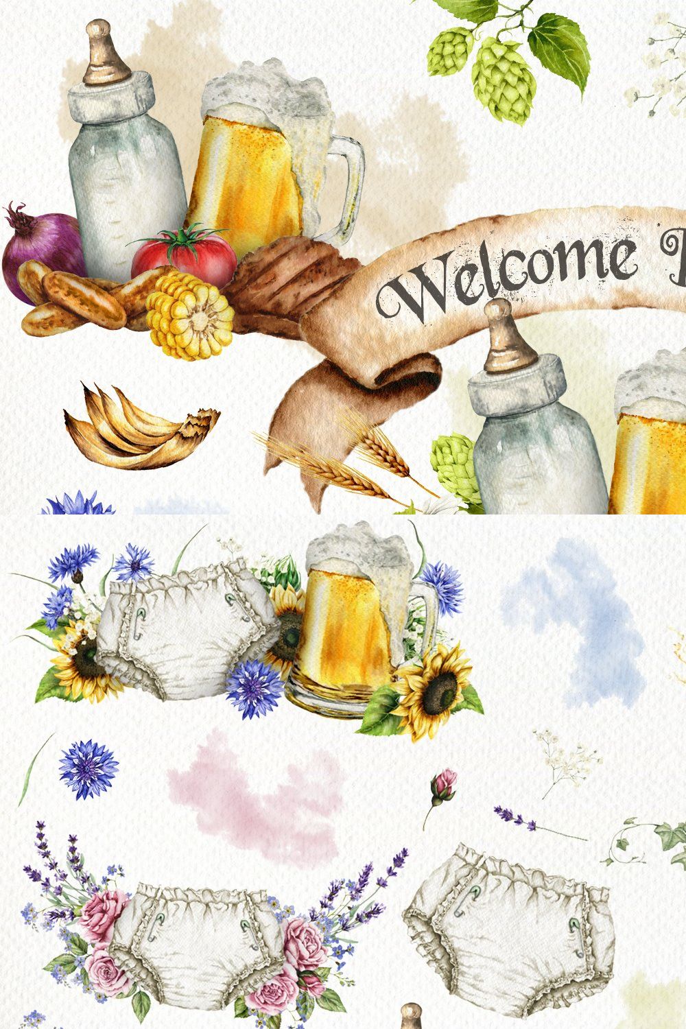 Welcome Baby Illustration pinterest preview image.