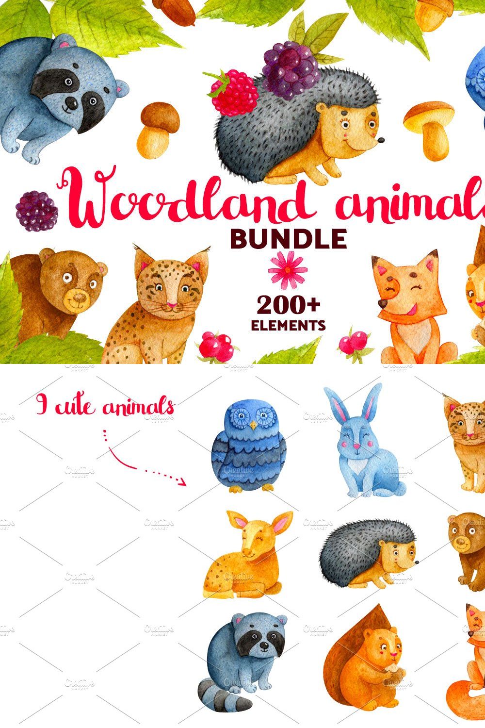 Woodland Animals. Watercolor Bundle pinterest preview image.