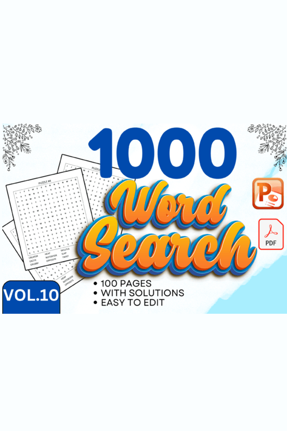 1000 Word Search Puzzle & Solution pinterest preview image.