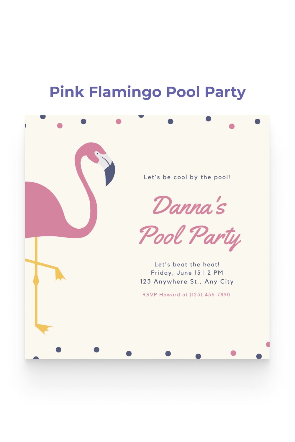 Pool party invitation with an image of a pink flamingo.