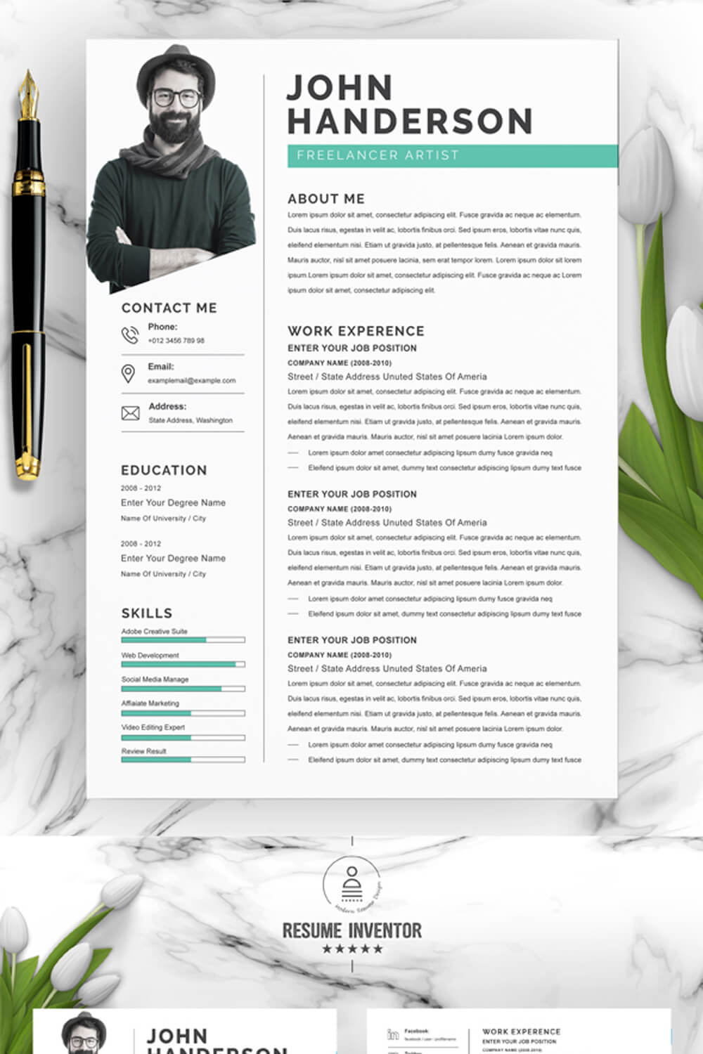 Freelancer Artist Resume Template | Resume and Cover | Modern Resume Template [MS Word Format] pinterest preview image.
