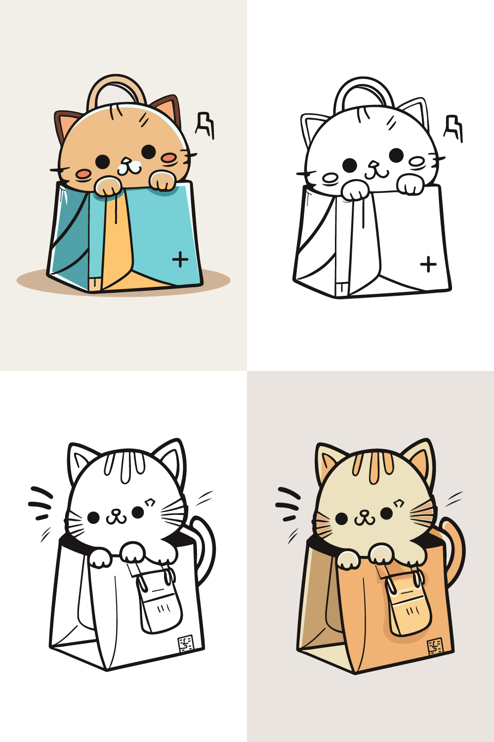 character of a Little cat in a paper shopping bag, a Cute cat, a Cat cartoon, a drawing, and a Cat mascot pinterest preview image.