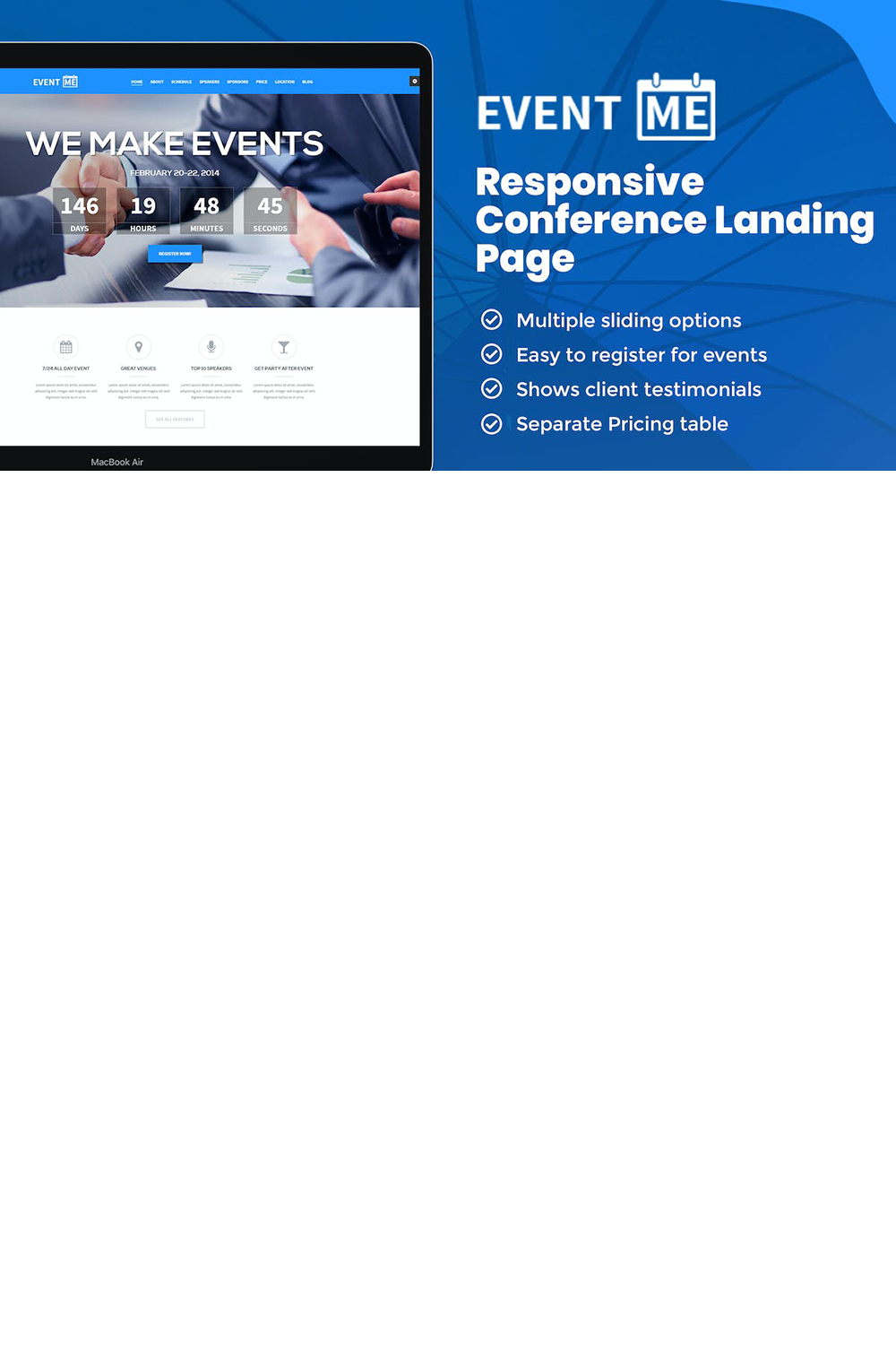 Free EventMe Corporate Event Landing Page Theme pinterest preview image.